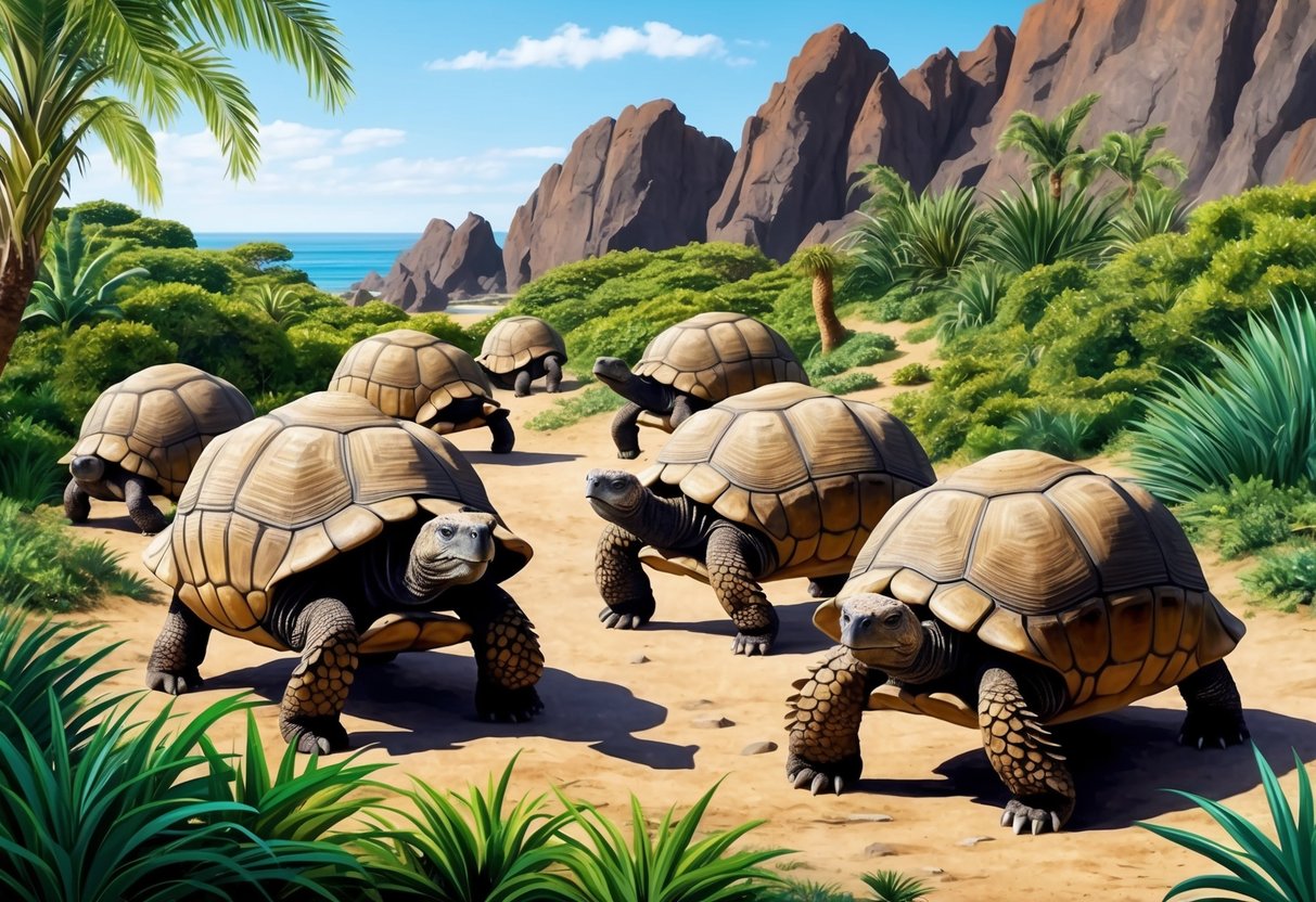 A group of Galápagos tortoises roam freely in their natural habitat, surrounded by lush green vegetation and rocky terrain