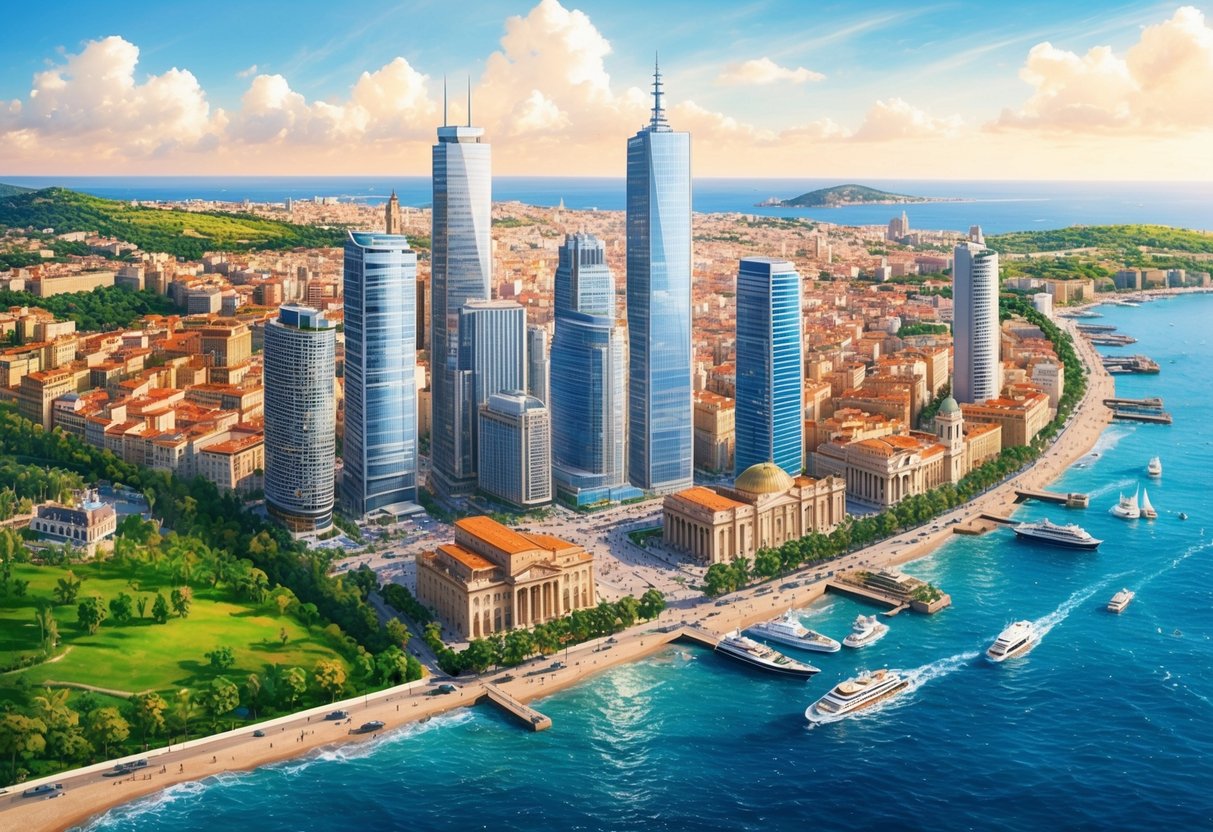 A bustling cityscape with modern skyscrapers and historic architecture, surrounded by lush green landscapes and bordered by the sparkling waters of the Mediterranean Sea