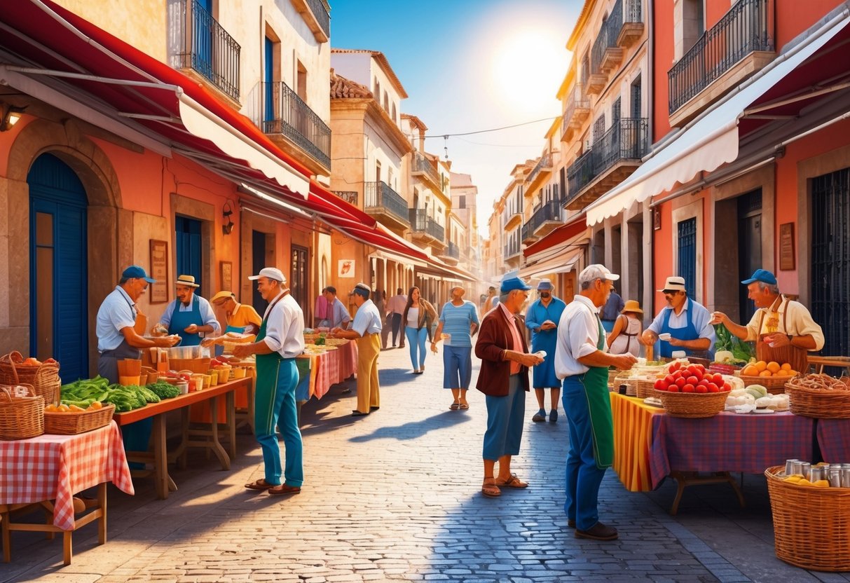 Vibrant street market in Iberian town, with locals bartering and socializing under the warm Mediterranean sun