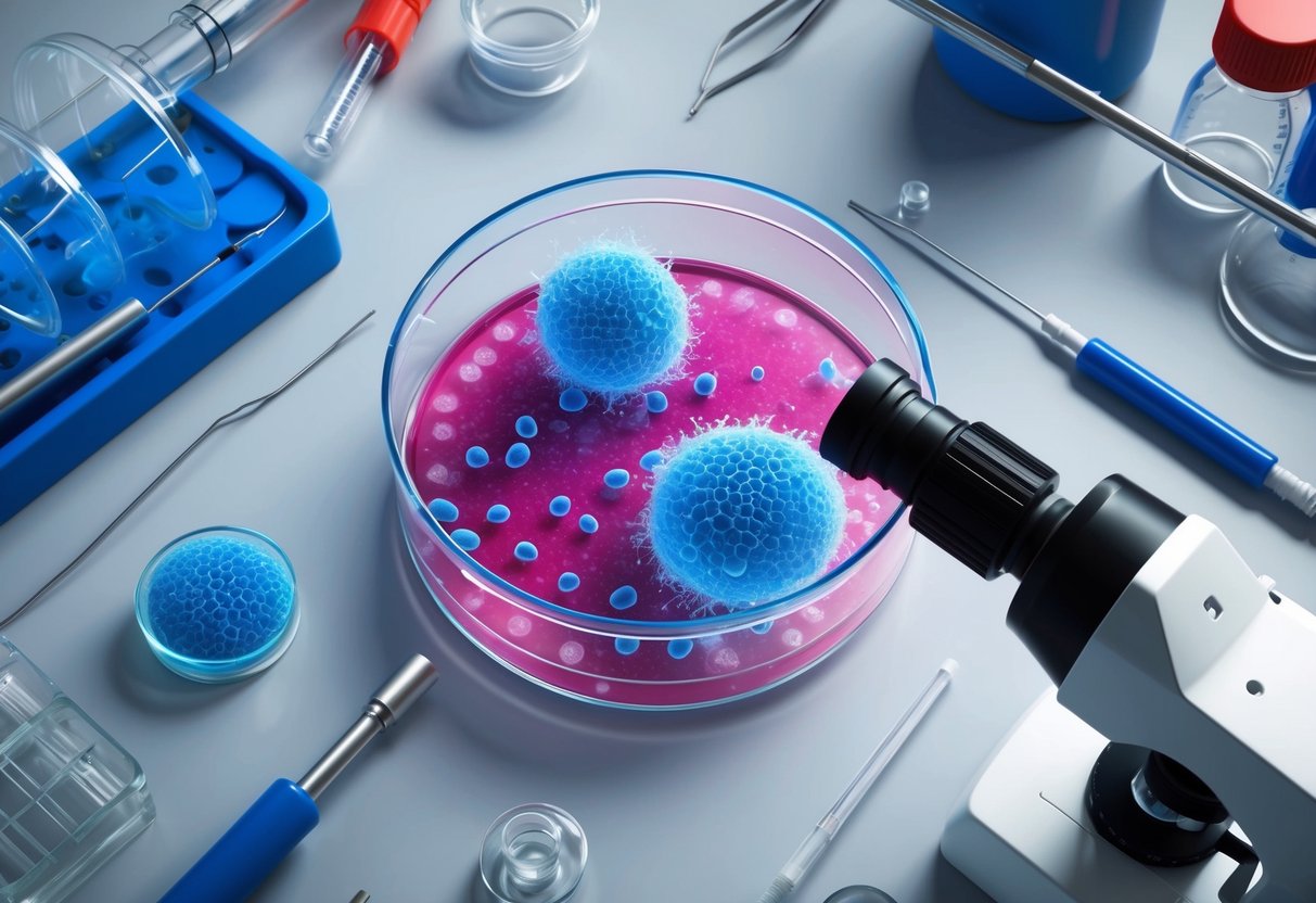 A microscope view of cells dividing and regenerating within a petri dish, surrounded by scientific equipment and lab tools