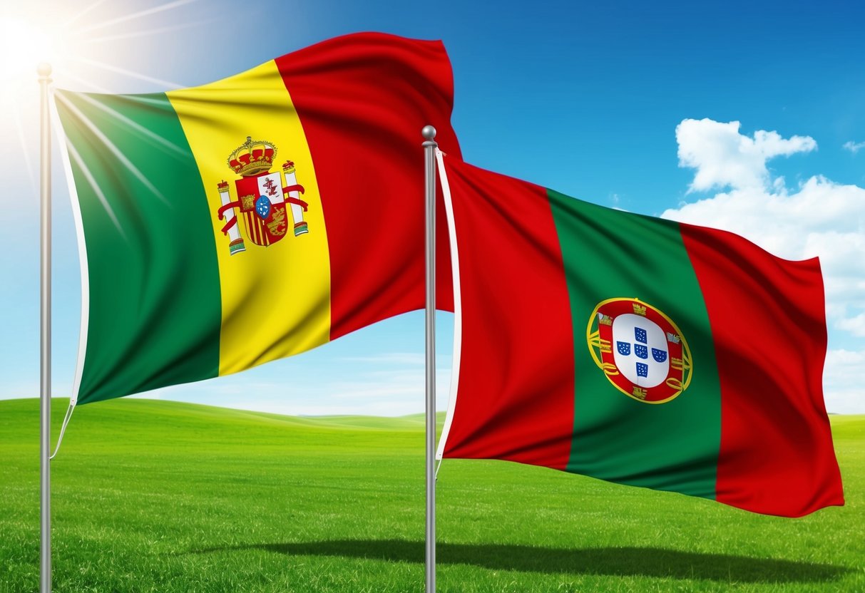 Two flags of Spain and Portugal waving side by side on a sunny day