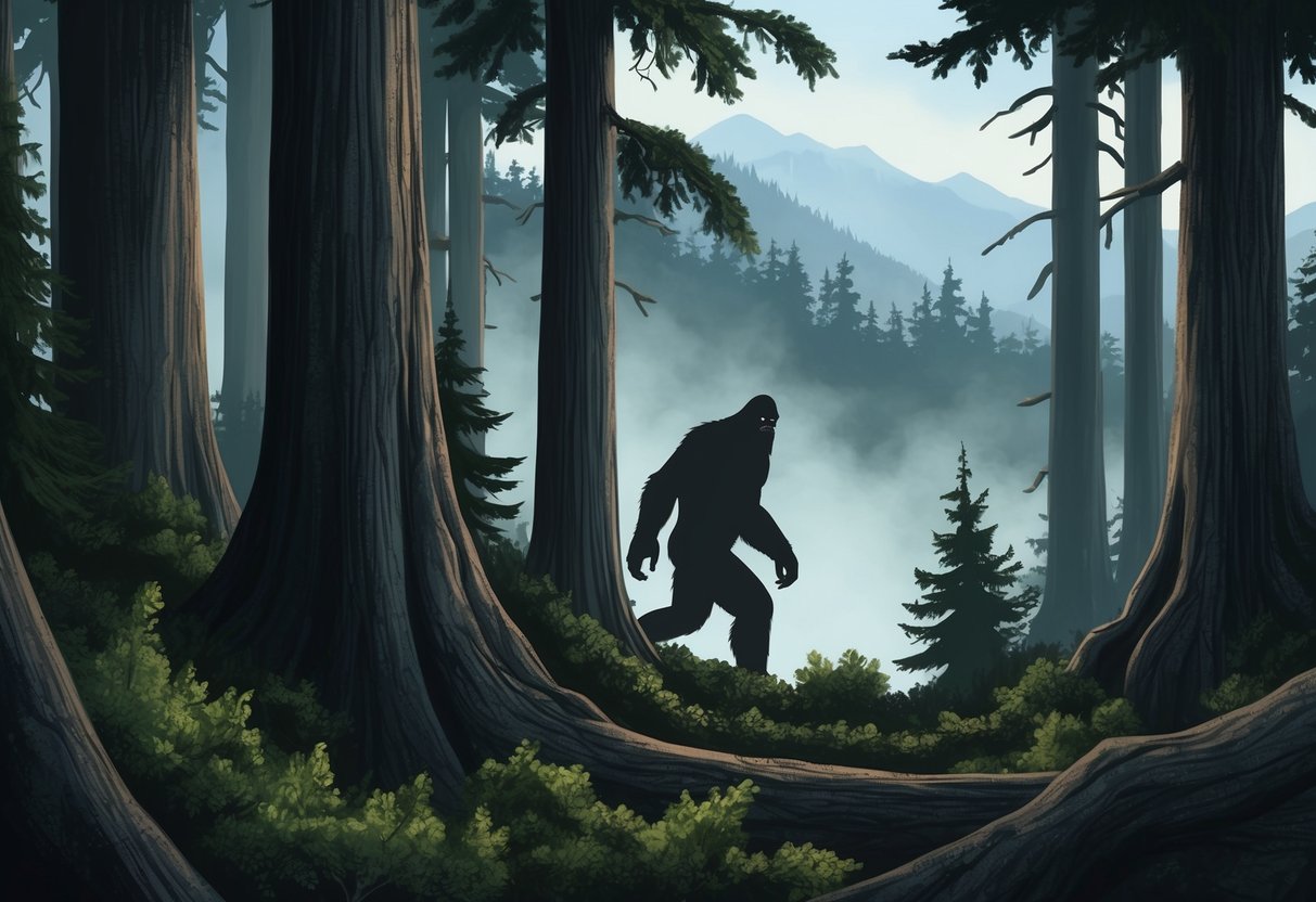 A dense forest with towering trees and misty mountains in the background.</p><p>A shadowy figure resembling Bigfoot lurks among the trees