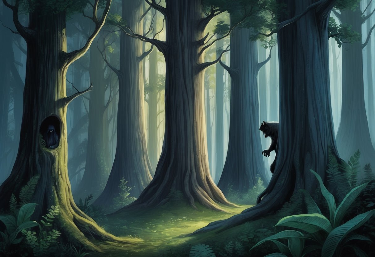 A dense forest with towering trees, a mysterious figure lurking in the shadows, and a sense of awe and wonder in the air