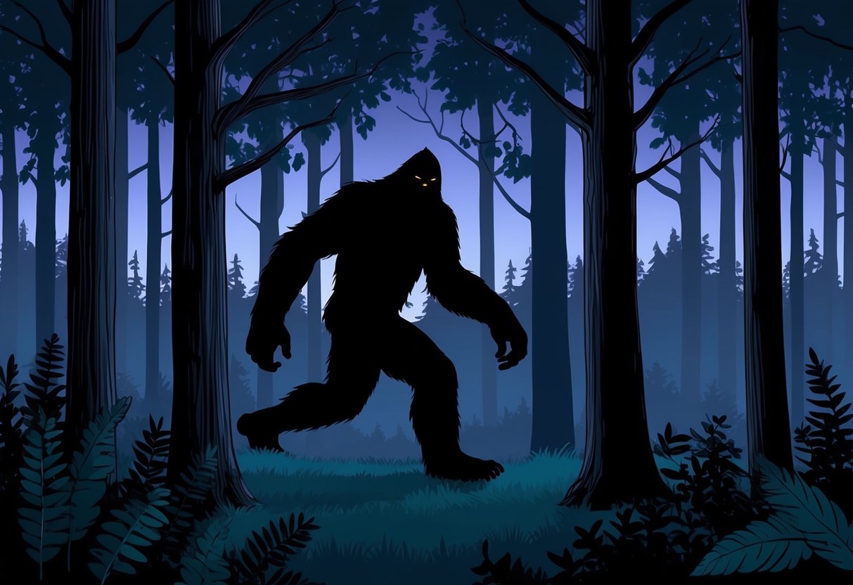 A dense forest at dusk, with a shadowy figure resembling Bigfoot lurking among the trees, casting doubt on its existence