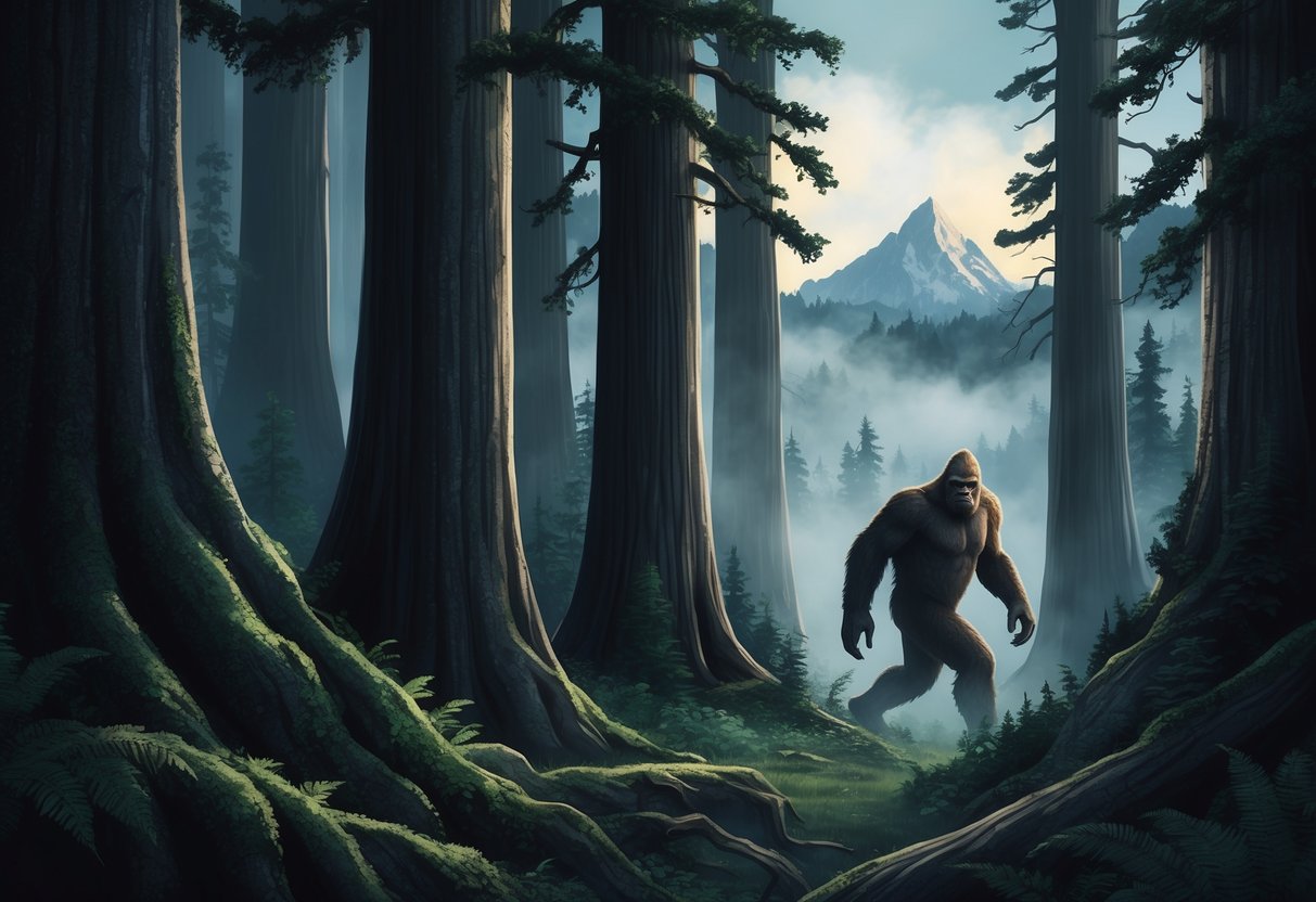 A dense forest with towering trees and misty mountains in the background, with a mysterious figure resembling Bigfoot lurking in the shadows