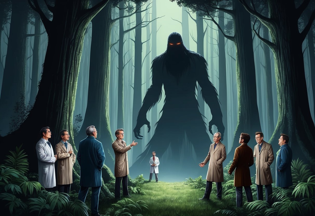 A dense forest with a towering figure lurking in the shadows, surrounded by skeptical scientists and curious onlookers