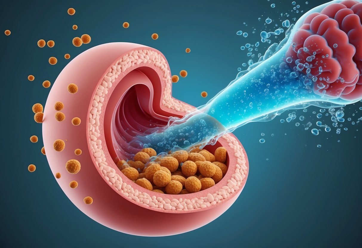 A bubbling, churning stomach with acidic liquid dissolving food particles