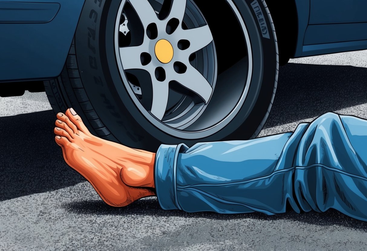 A foot lying on the ground with a car tire directly above it