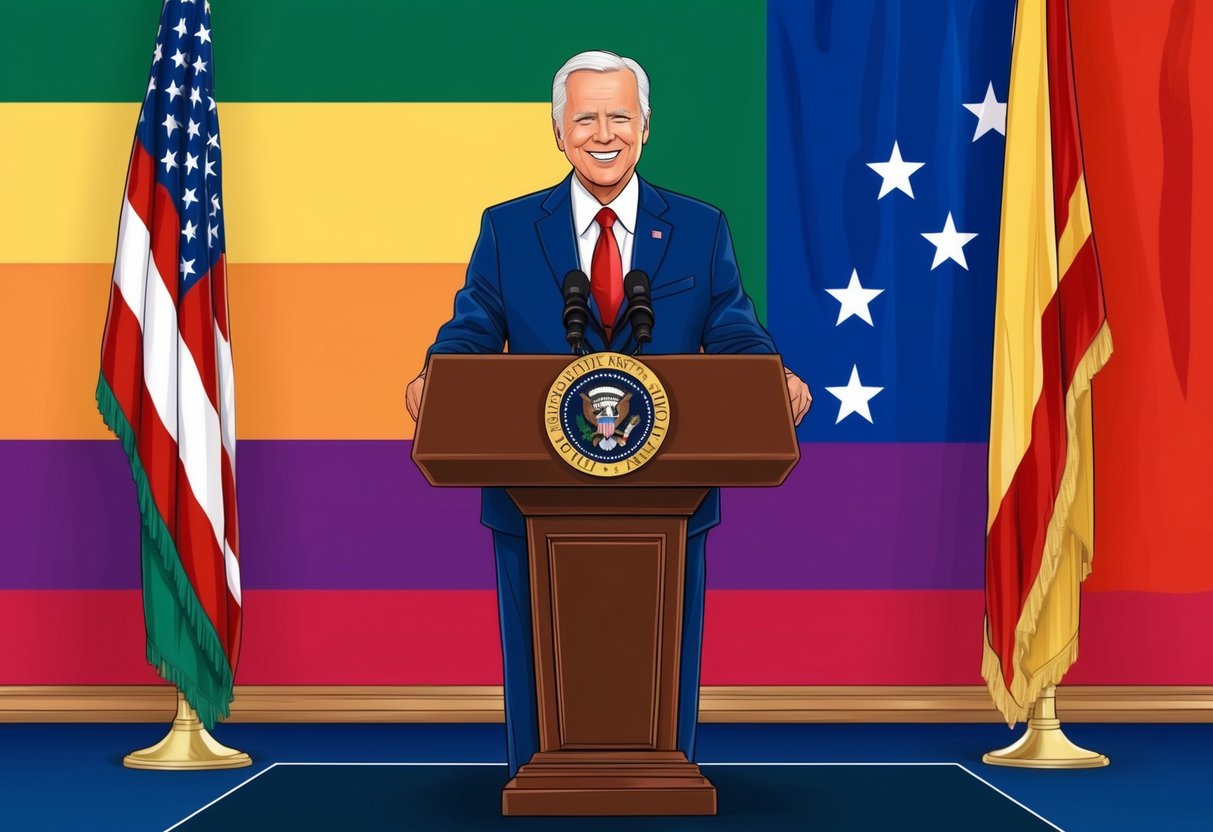 A presidential podium with a rainbow flag in the background