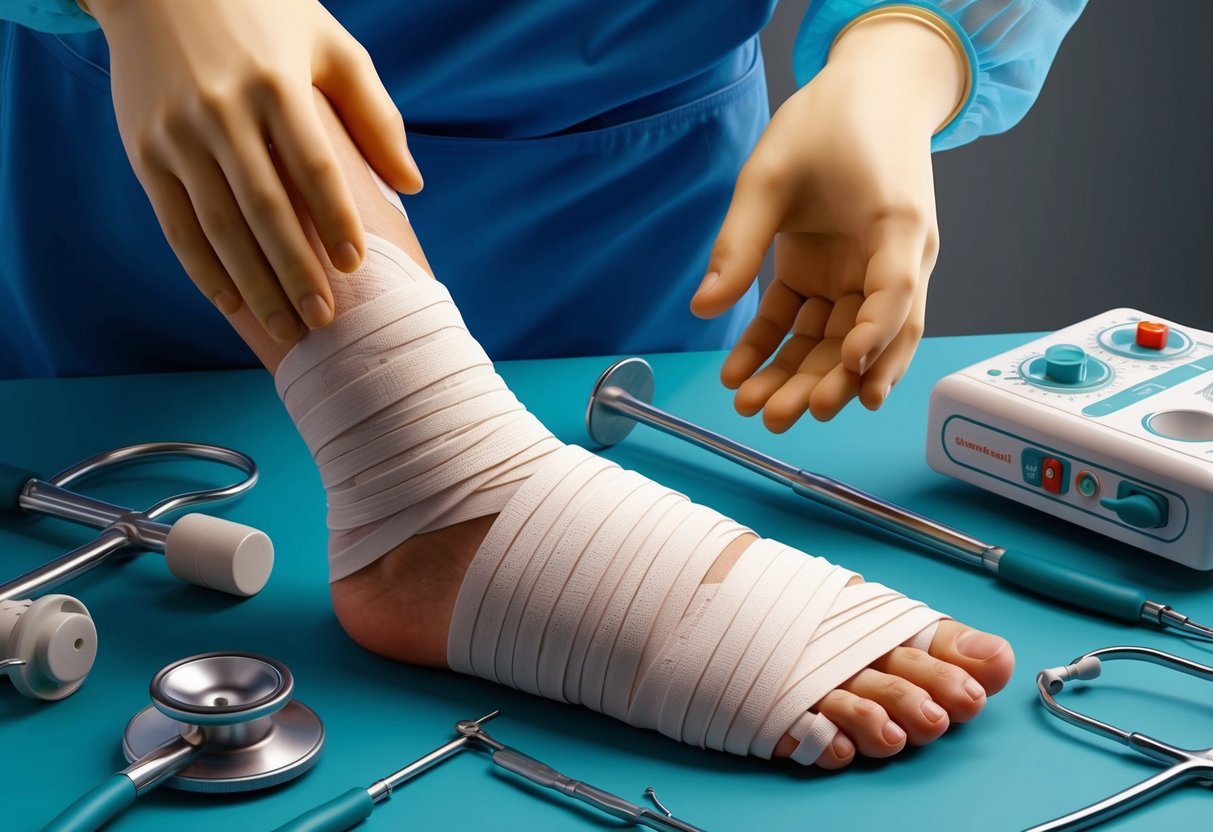 A foot with bandages surrounded by medical equipment and tools