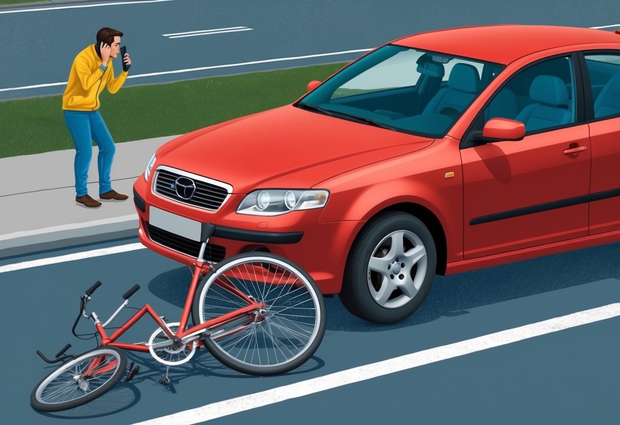 A car parked on the side of the road, with a person on the phone and a crumpled bicycle lying on the ground