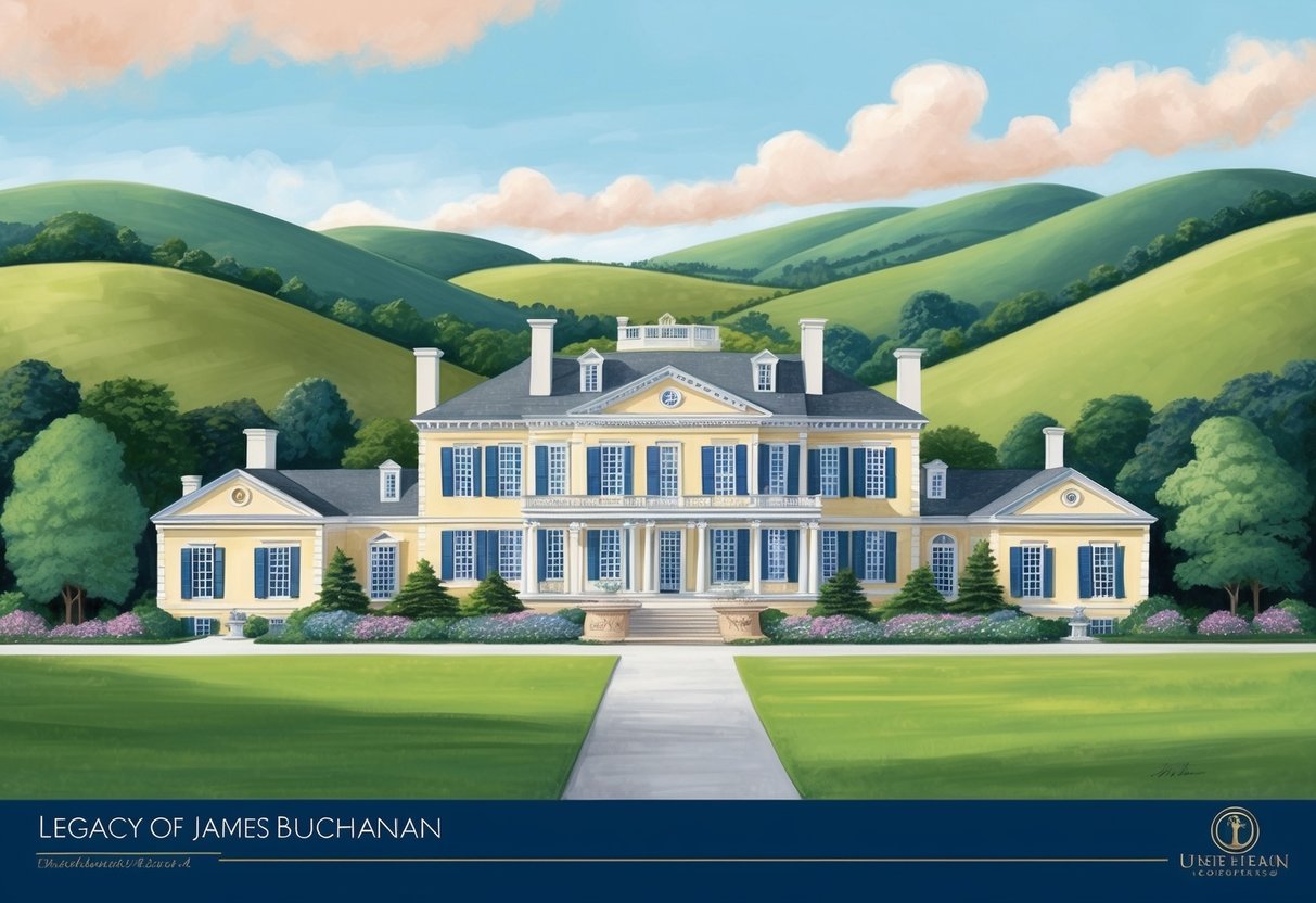 A grand estate with a historic mansion surrounded by rolling hills and lush gardens, symbolizing the legacy of James Buchanan