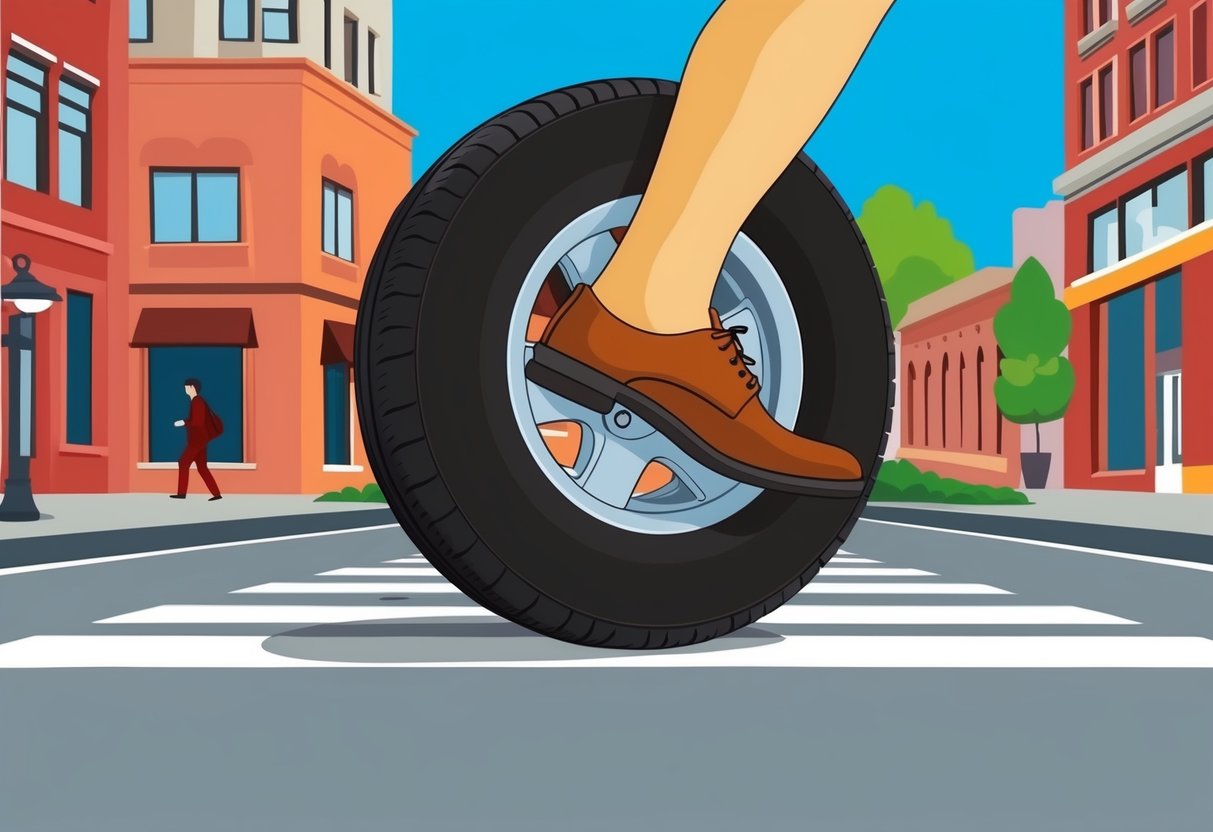 A car tire rolling over a pedestrian's foot on a city street