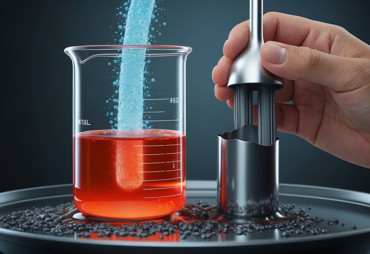 A beaker of stomach acid dissolving a metal object