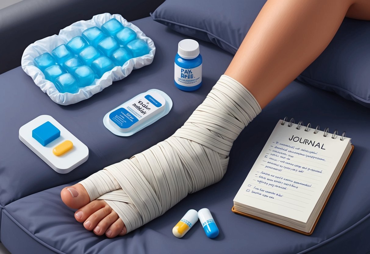 A foot wrapped in bandages resting on a cushioned surface, surrounded by ice packs, pain relief medication, and a journal with coping strategies