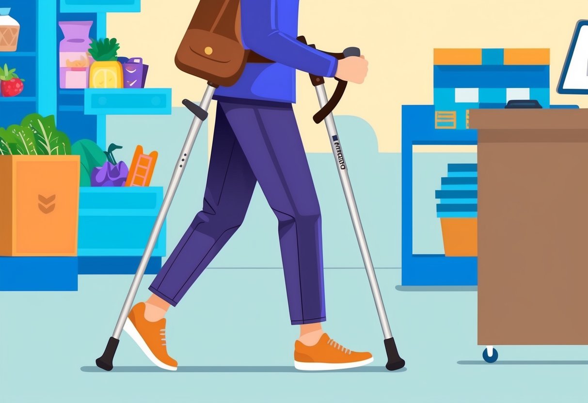 A person with a foot injury using crutches to walk while navigating daily life activities such as grocery shopping or commuting to work