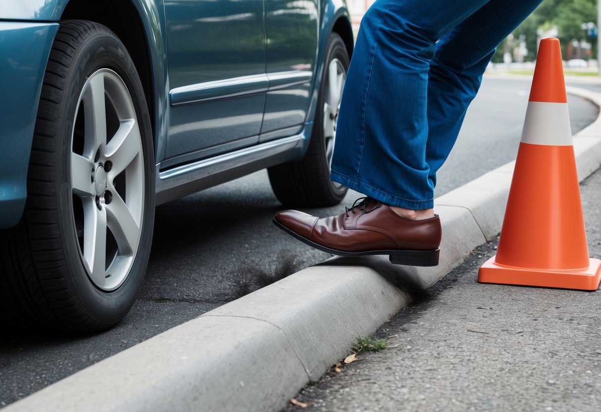 A foot stepping off a curb, about to be run over by a car