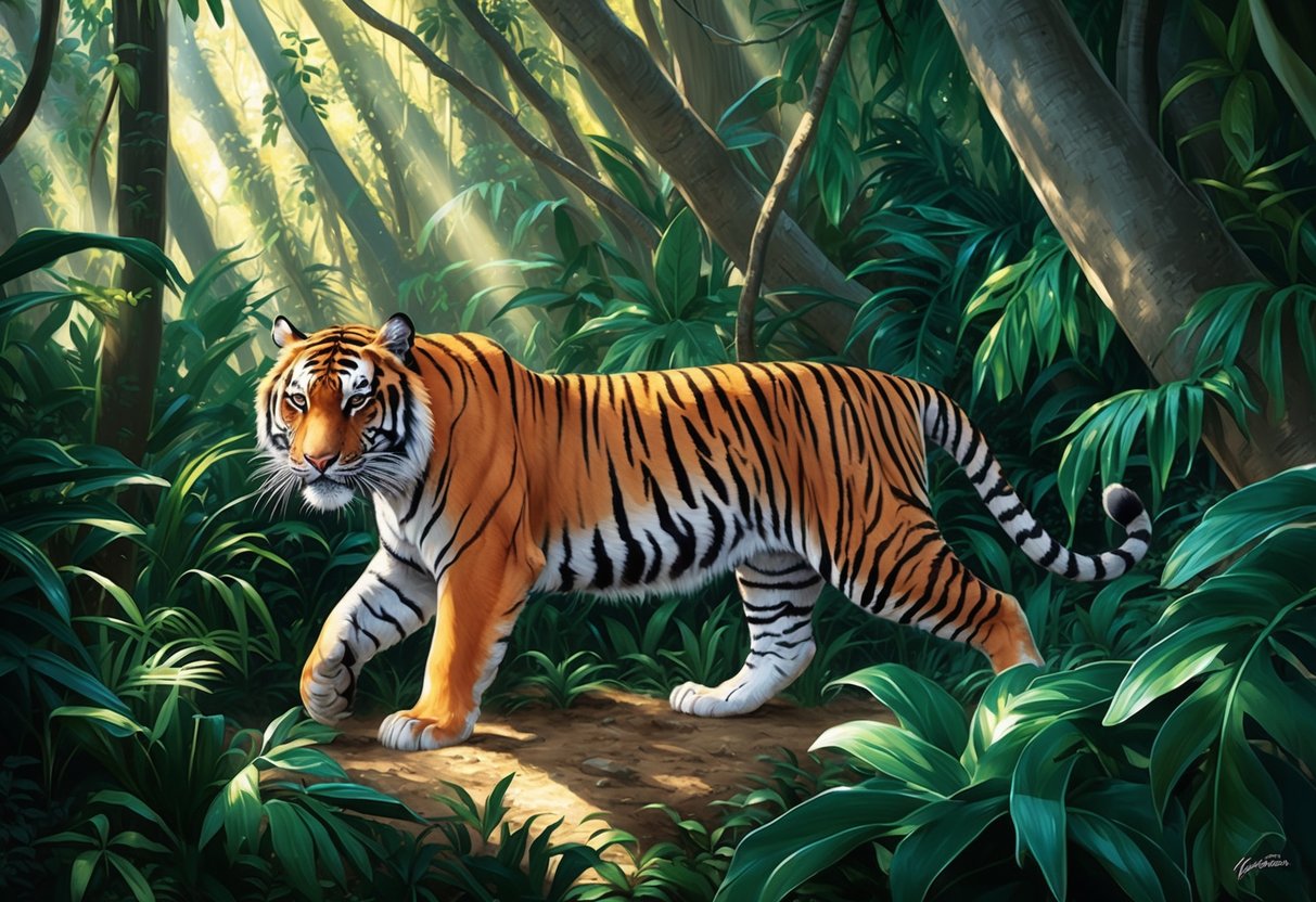 An indochinese tiger prowls through dense jungle foliage, its sleek, orange-and-black striped fur blending in with the dappled sunlight filtering through the trees