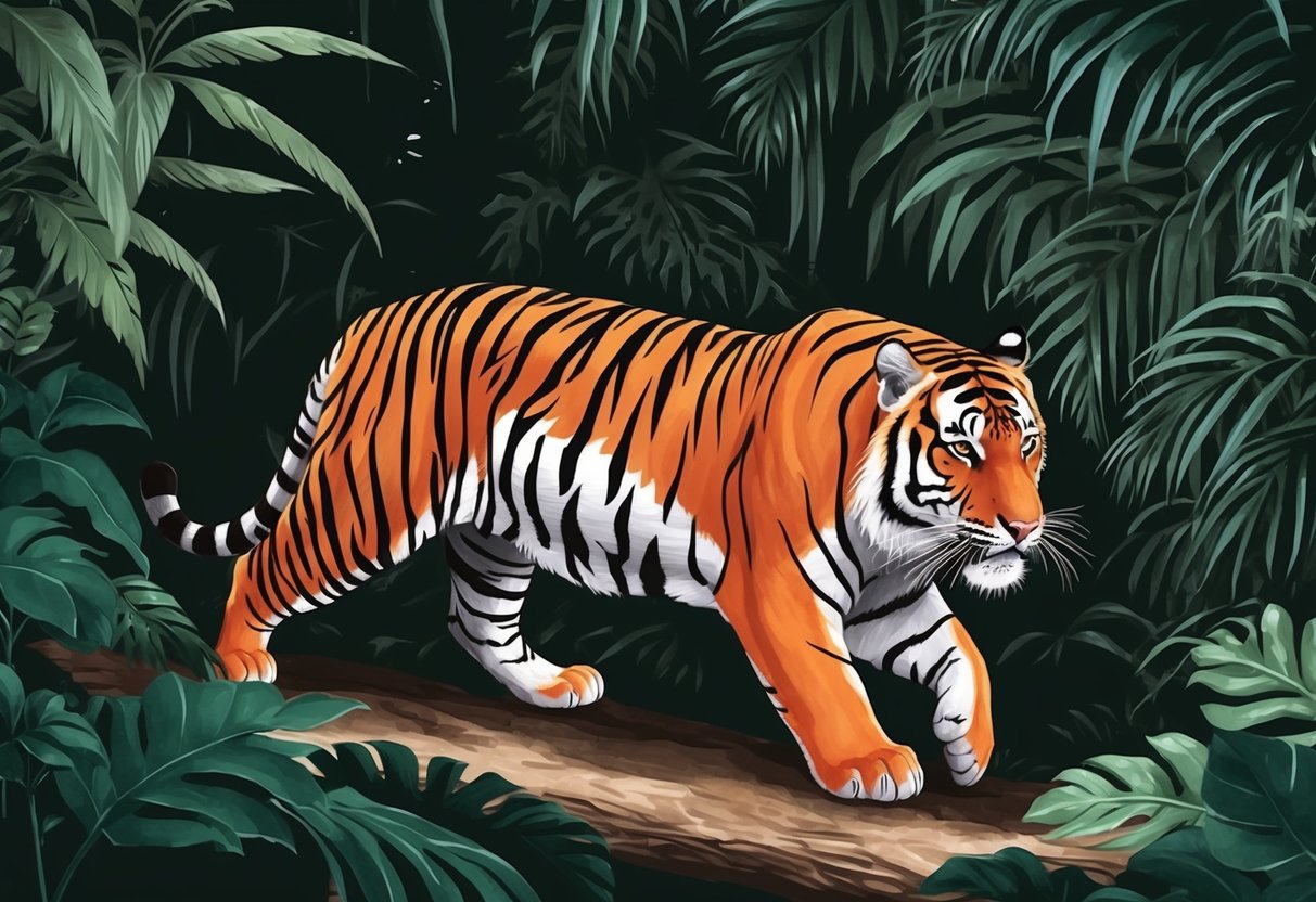 An indochinese tiger prowls through dense jungle foliage, its orange and black striped fur blending into the shadows