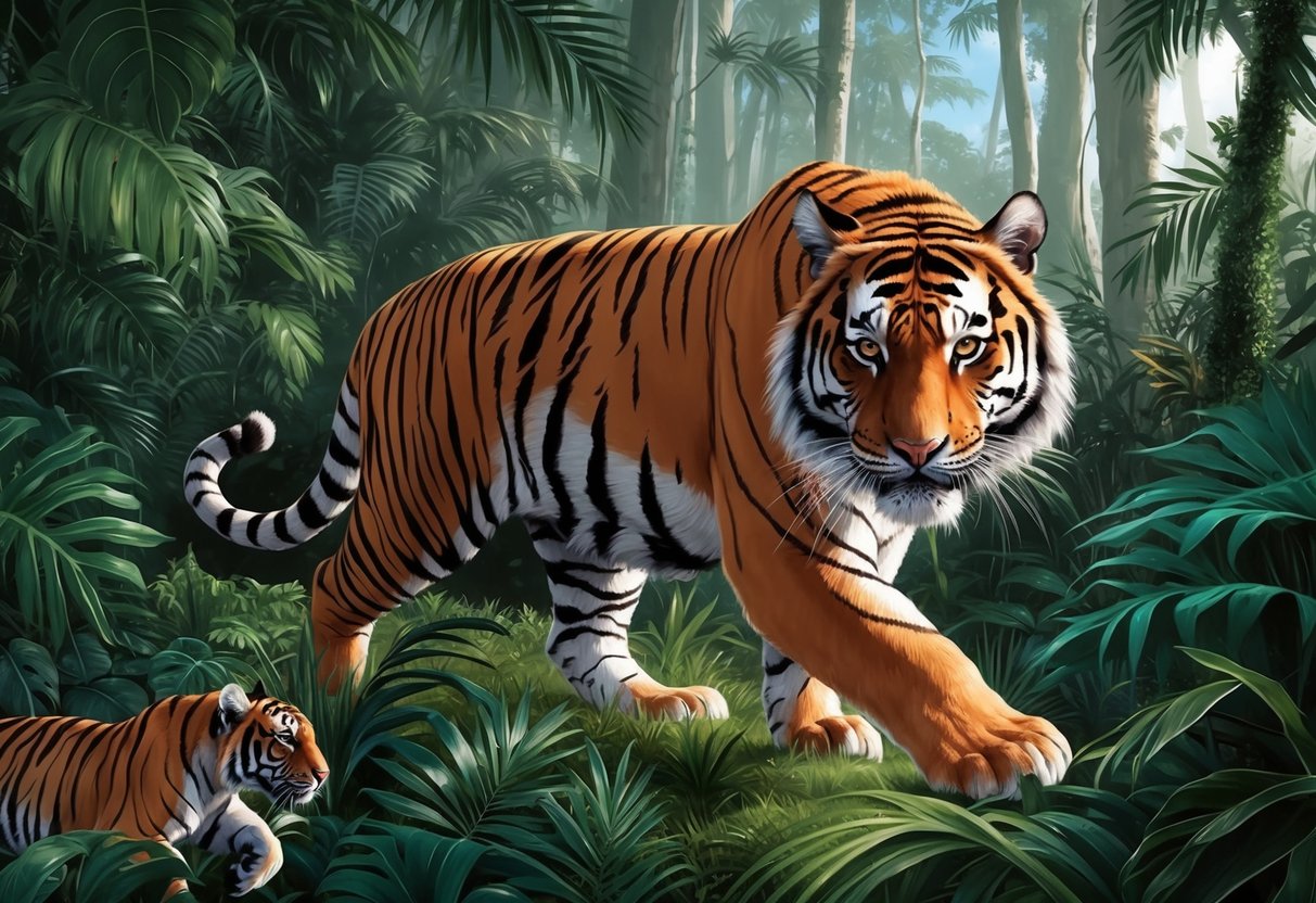 An Indochinese tiger prowls through dense jungle, stalking prey with focused determination