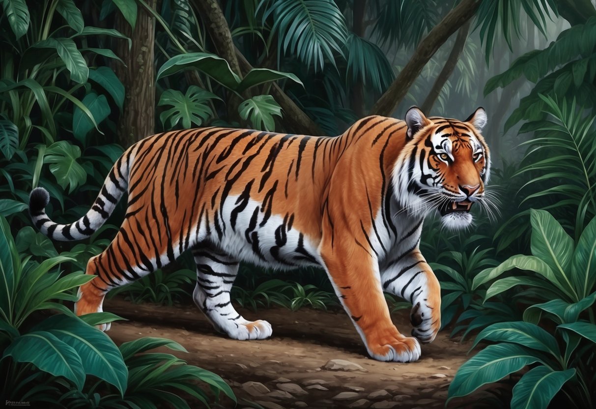 An indochinese tiger prowls through dense jungle foliage, its powerful muscles rippling as it searches for prey