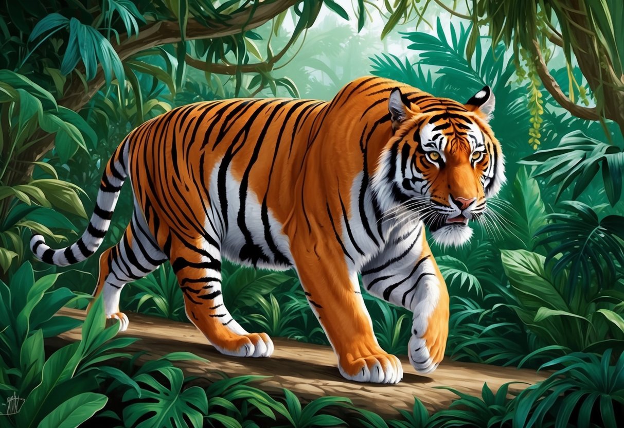 An indochinese tiger roams through a lush jungle, its powerful muscles rippling beneath its orange and black-striped fur.</p><p>The majestic creature exudes an air of strength and grace as it moves through the dense foliage