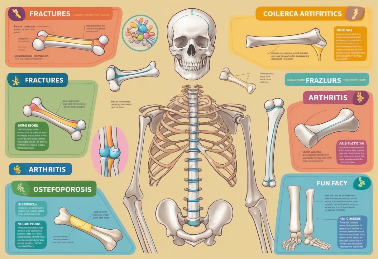 A colorful illustration of various bone conditions, including fractures, arthritis, and osteoporosis, with labels and fun facts about the skeletal system