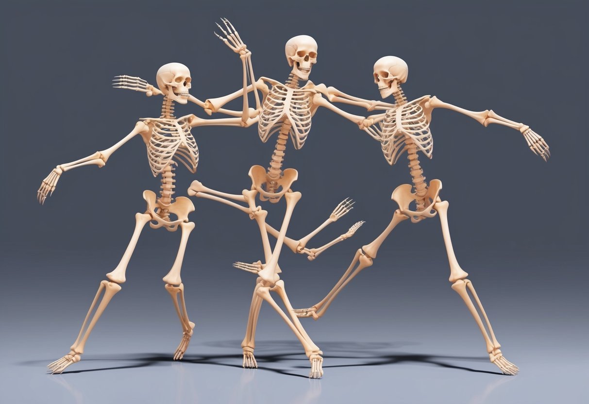 Bones dancing in a dynamic formation, showcasing the interconnectedness and flexibility of the skeletal system