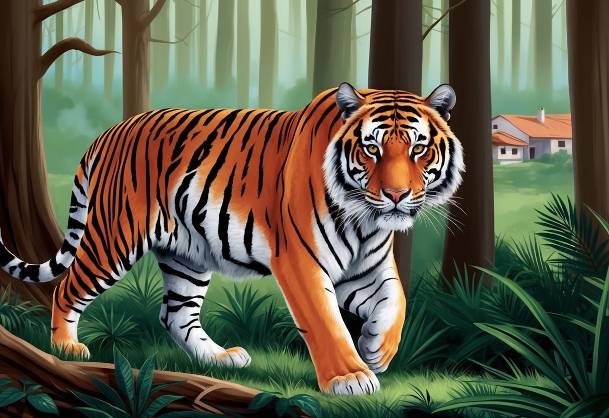 A tiger prowls through a forest, its eyes fixed on a distant human settlement