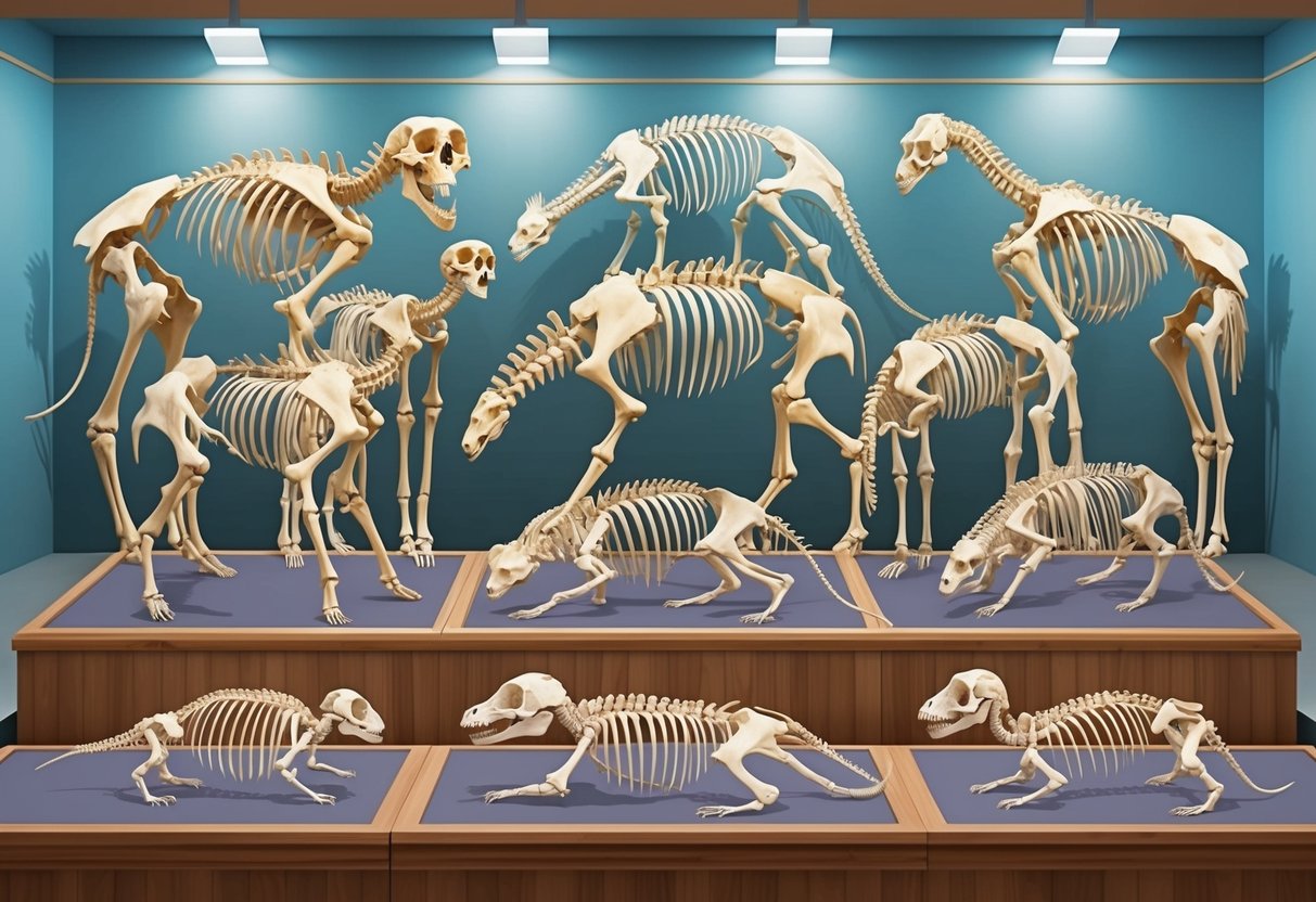 A variety of animal skeletons arranged in a museum display, showcasing the diversity of skeletal structures beyond humans