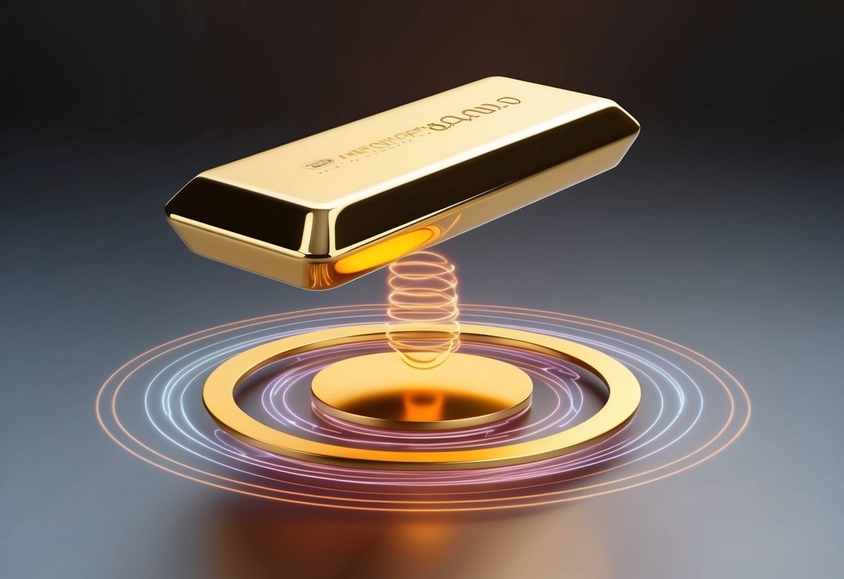 A gold bar levitates above a table, surrounded by swirling magnetic fields