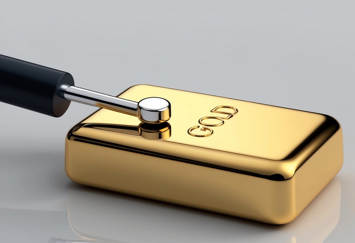 A gold bar is attracted to a strong magnet, showing its non-magnetic properties