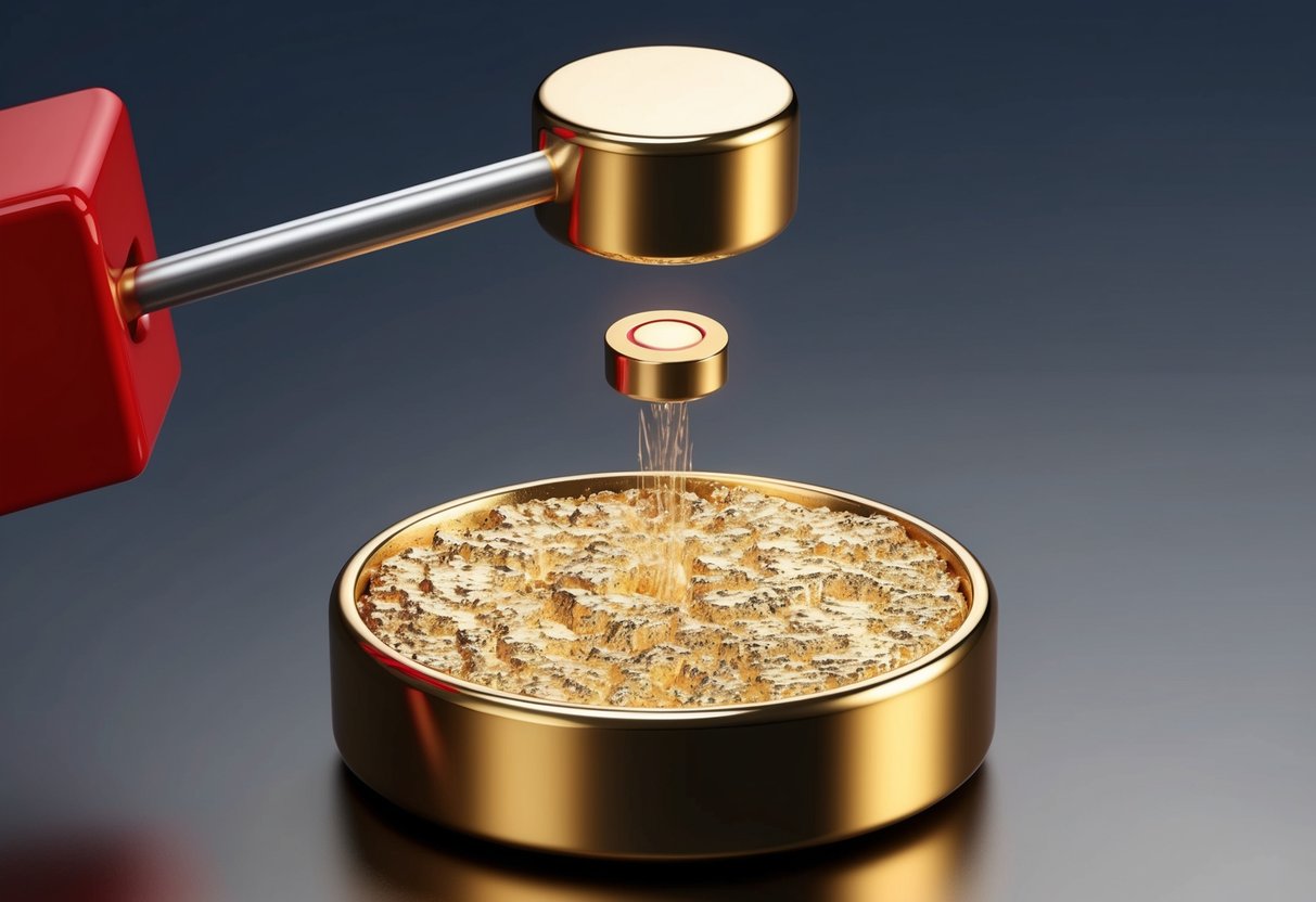 A gold alloy being tested for magnetism with a magnet hovering above it