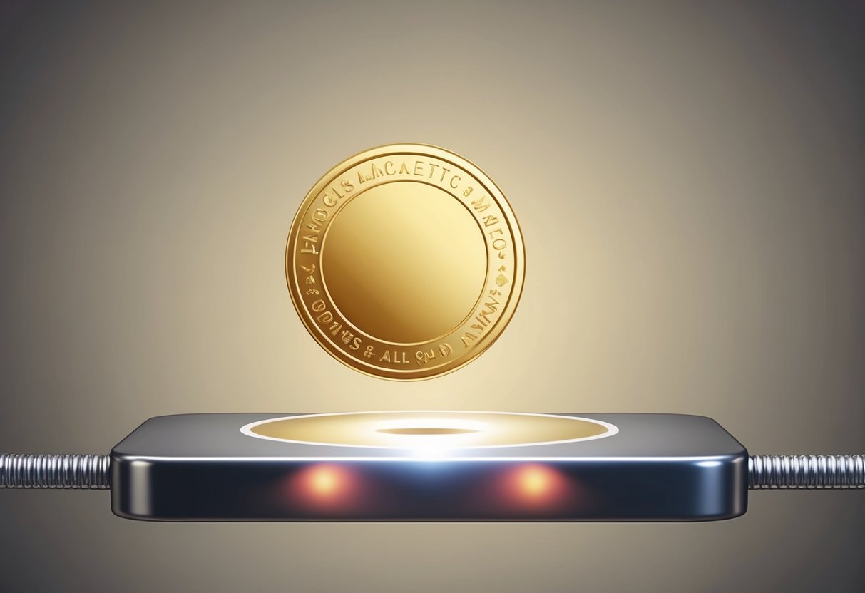 A gold coin hovers above a magnet, remaining unaffected by its pull