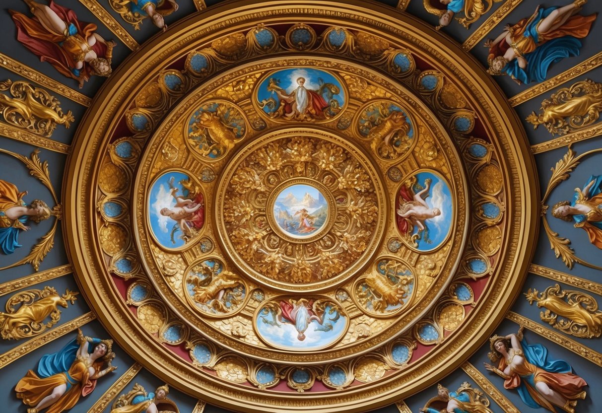 A grand, ornate ceiling with intricate gold leaf patterns and swirling, colorful figures inspired by mythology and philosophy