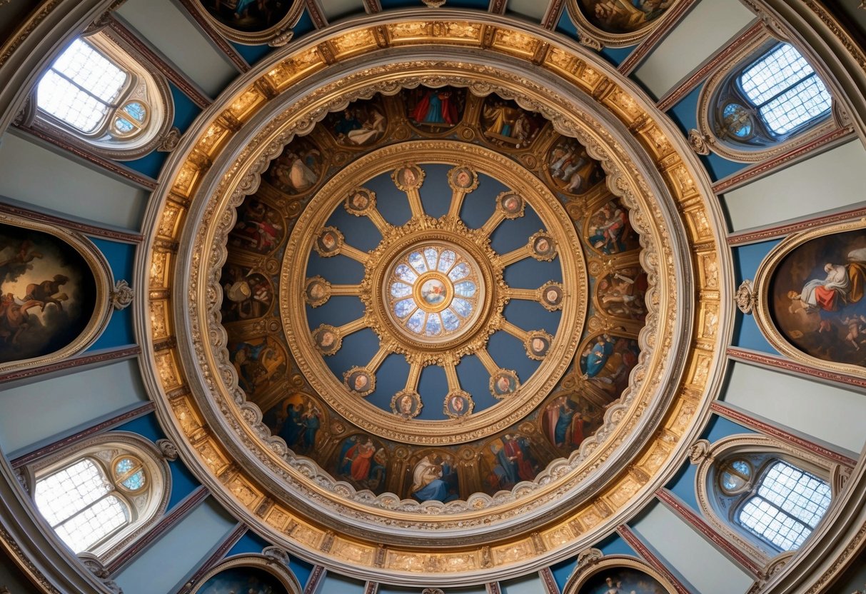 The grand ceiling of the University of Vienna adorned with intricate and vibrant paintings depicting historical and academic themes