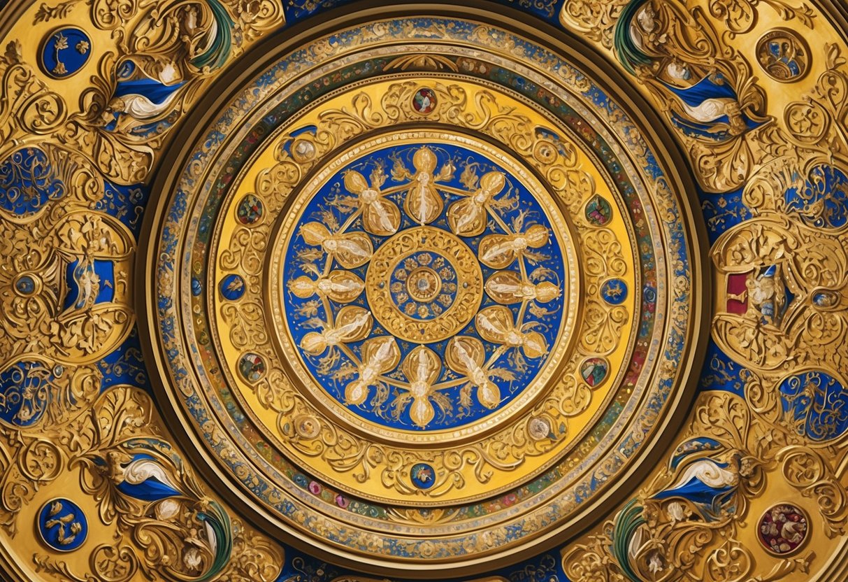 Intricate gold and jewel-toned patterns cover the domed ceiling, with swirling figures and symbolic motifs inspired by Klimt's University of Vienna ceiling paintings