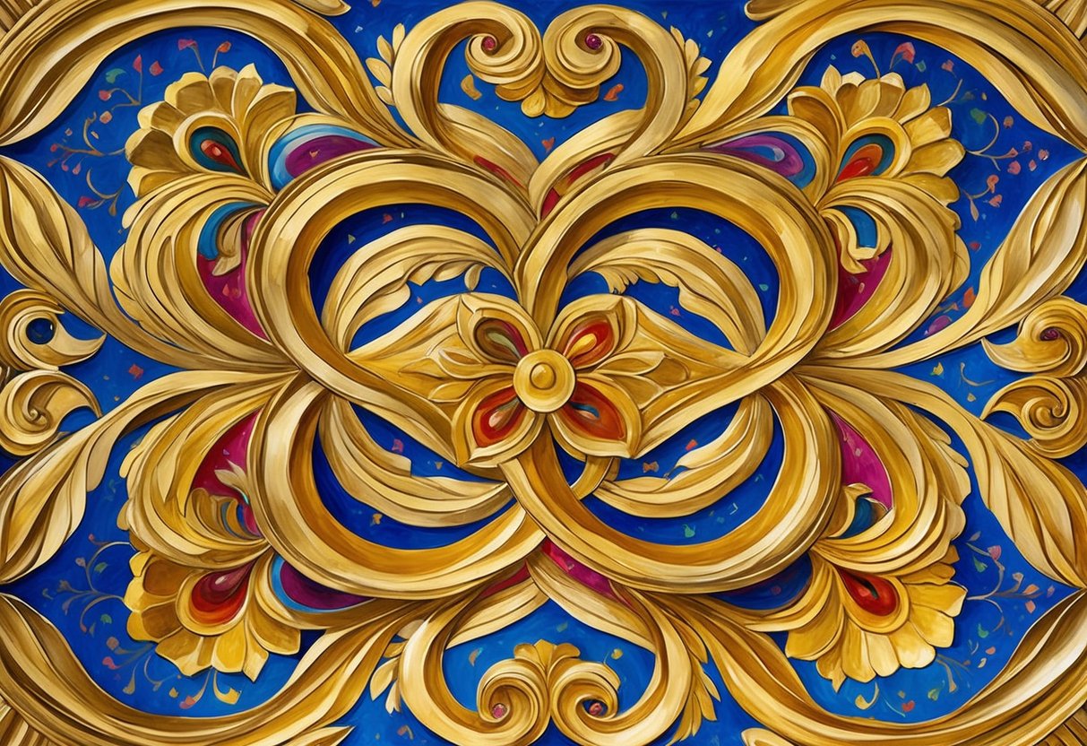 Intricate gold leaf patterns intertwine with vibrant colors, inspired by Klimt's University of Vienna ceiling paintings