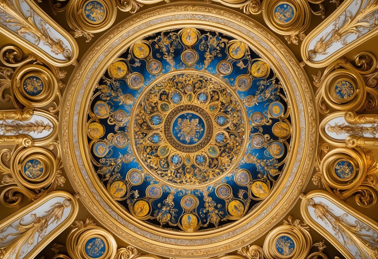 Opulent, gold-leafed ceiling adorned with intricate, swirling patterns and vibrant, symbolic imagery inspired by Gustav Klimt's work at the University of Vienna