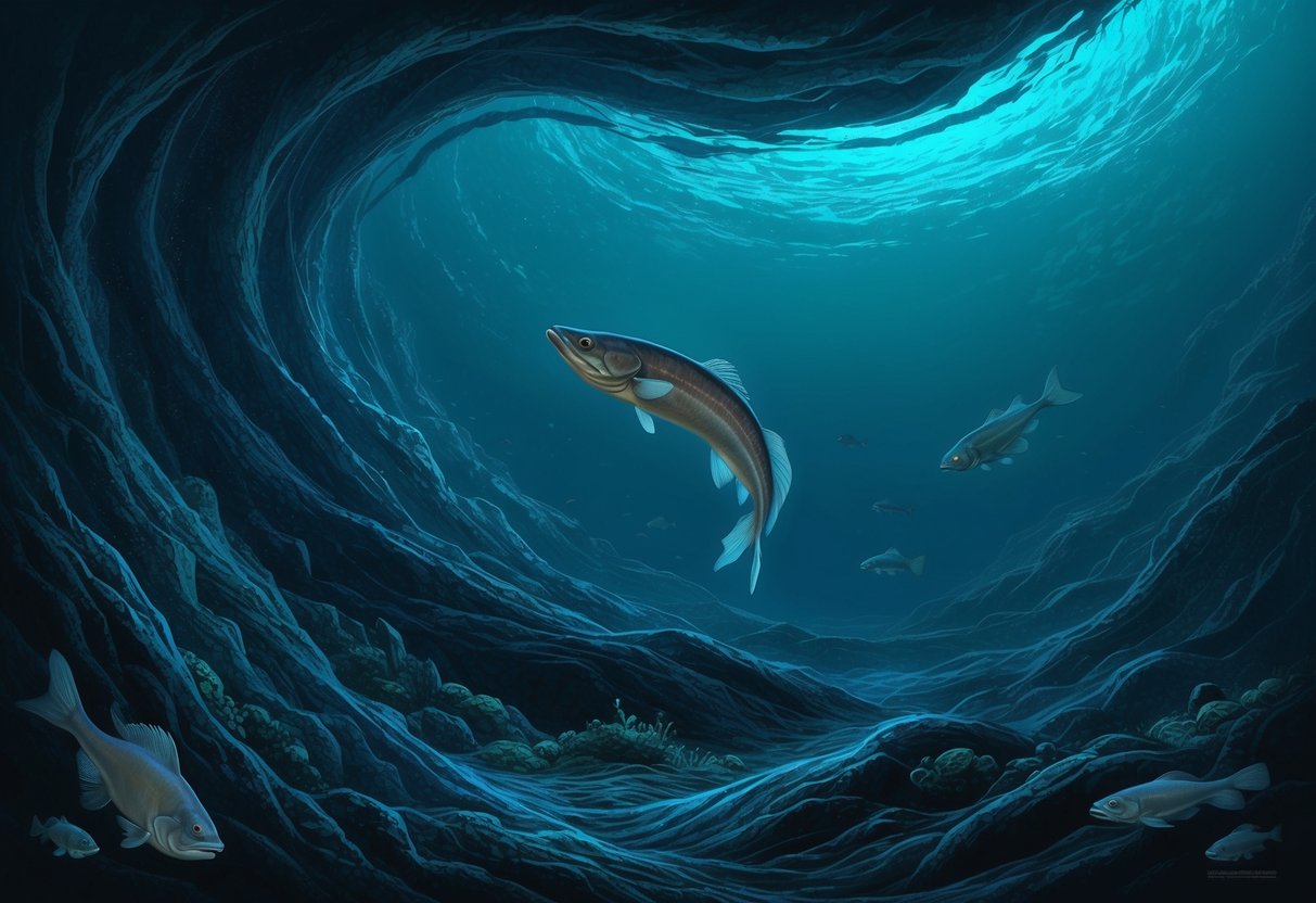 A dark, deep-sea environment with swirling currents and bioluminescent creatures, including the elusive gulper eel hiding in the shadows