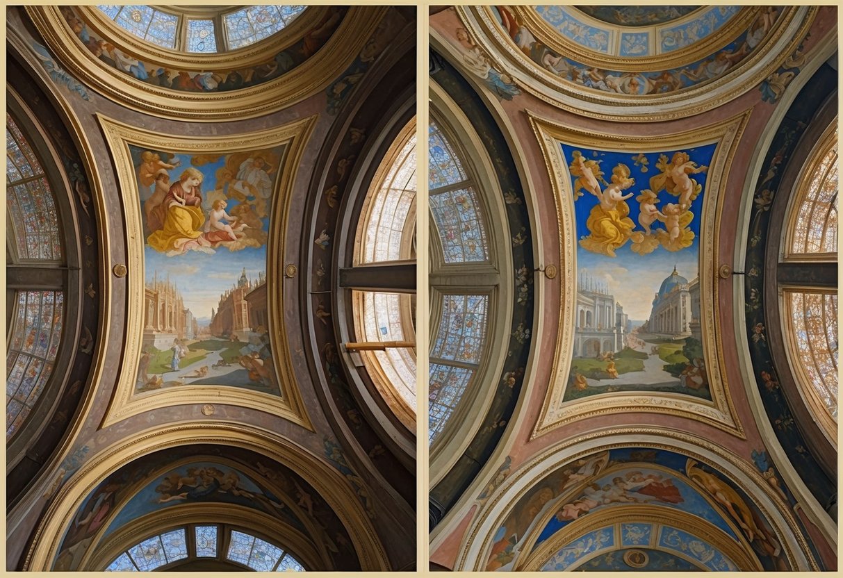 The university of Vienna's ceiling paintings are being meticulously restored, while nearby, other sections of the artwork are being carefully removed for preservation