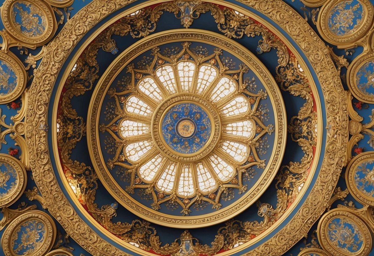 A grand, ornate ceiling with intricate gold and jewel-toned patterns inspired by Klimt's University of Vienna paintings