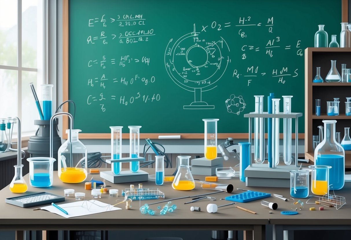 A cluttered laboratory with test tubes, beakers, and scientific equipment scattered across the tables.</p><p>A chalkboard covered in equations and diagrams