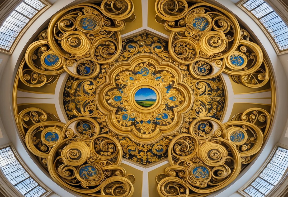 Golden swirls and intricate patterns cover the ceiling of the University of Vienna, inspired by Klimt's iconic paintings, symbolizing the impact and legacy of modern art