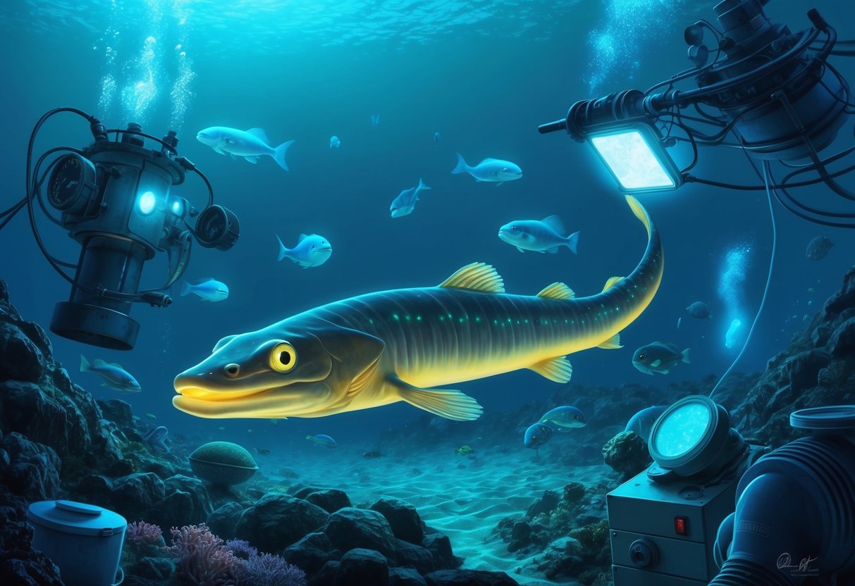 A deep-sea scene with a glowing gulper eel surrounded by bioluminescent creatures and research equipment