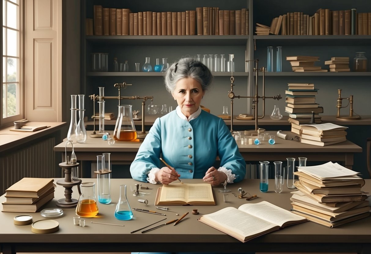 Marie Curie's laboratory with beakers, test tubes, and scientific instruments scattered on the tables, with books and papers stacked around the room