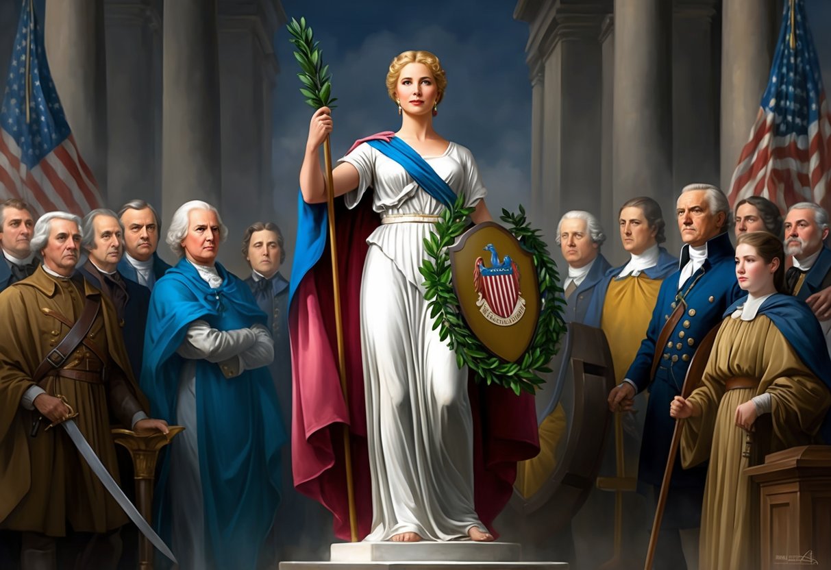 Lady Columbia standing tall, holding a laurel wreath and shield, surrounded by symbols of freedom and justice in a historical setting