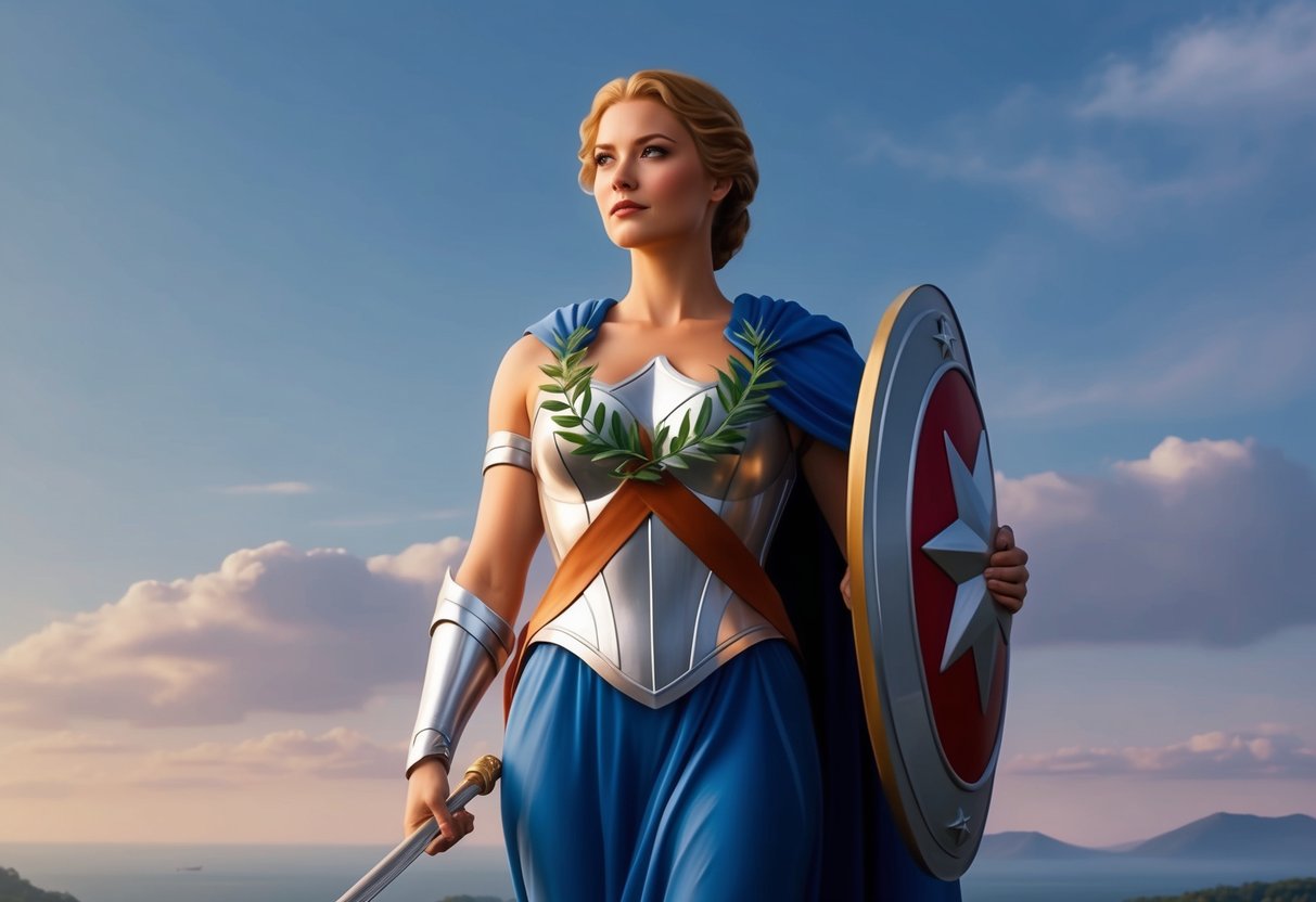 Lady Columbia stands tall, holding a shield and laurel wreath.</p><p>She gazes confidently into the distance, embodying strength and freedom