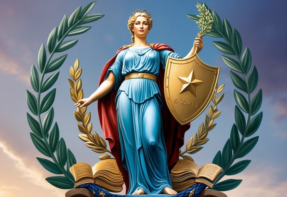 A majestic figure of Lady Columbia standing proudly with a laurel wreath and shield, surrounded by symbols of literature and music