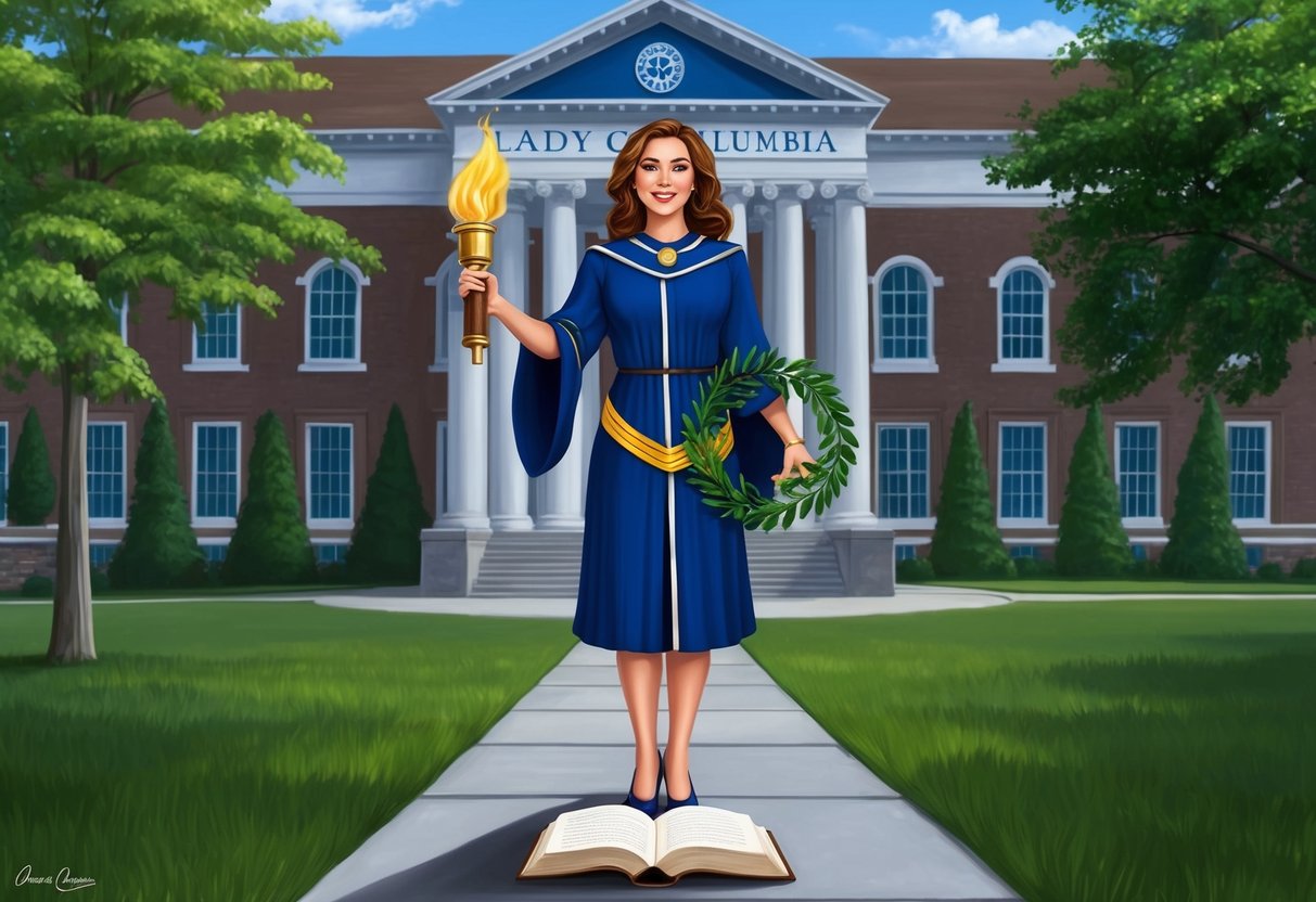 Lady Columbia standing proudly in front of a university, holding a torch and a laurel wreath, with an open book at her feet